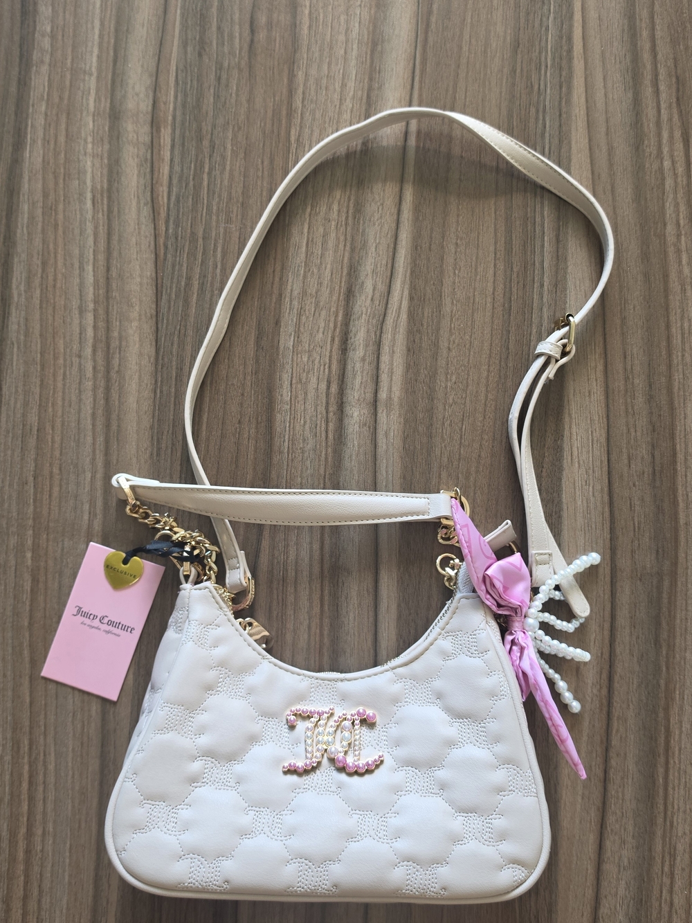 Juicy Couture Tie The Knot Crossbody Bag Sandstone NWT Pearl Bow Charm $79